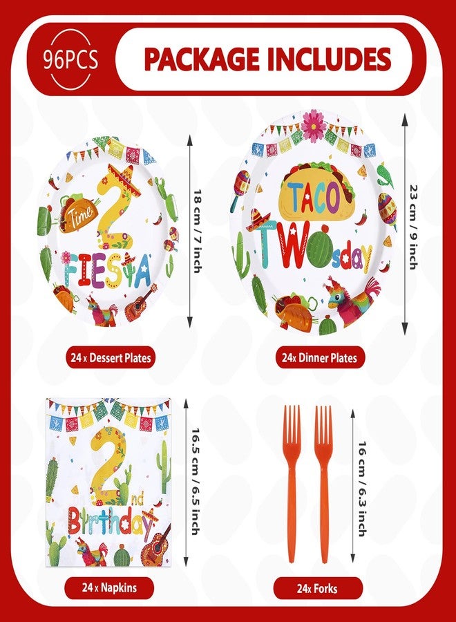 Greencian 96Pcs Taco Twosday Party Decorations Mexican Fiesta 2nd Birthday Plates and Napkins Tableware Sets Mexican Party Decoration for Cinco De Mayo Taco Tuesday 2 Years Old Party Supplies Serves 24 - Image 5